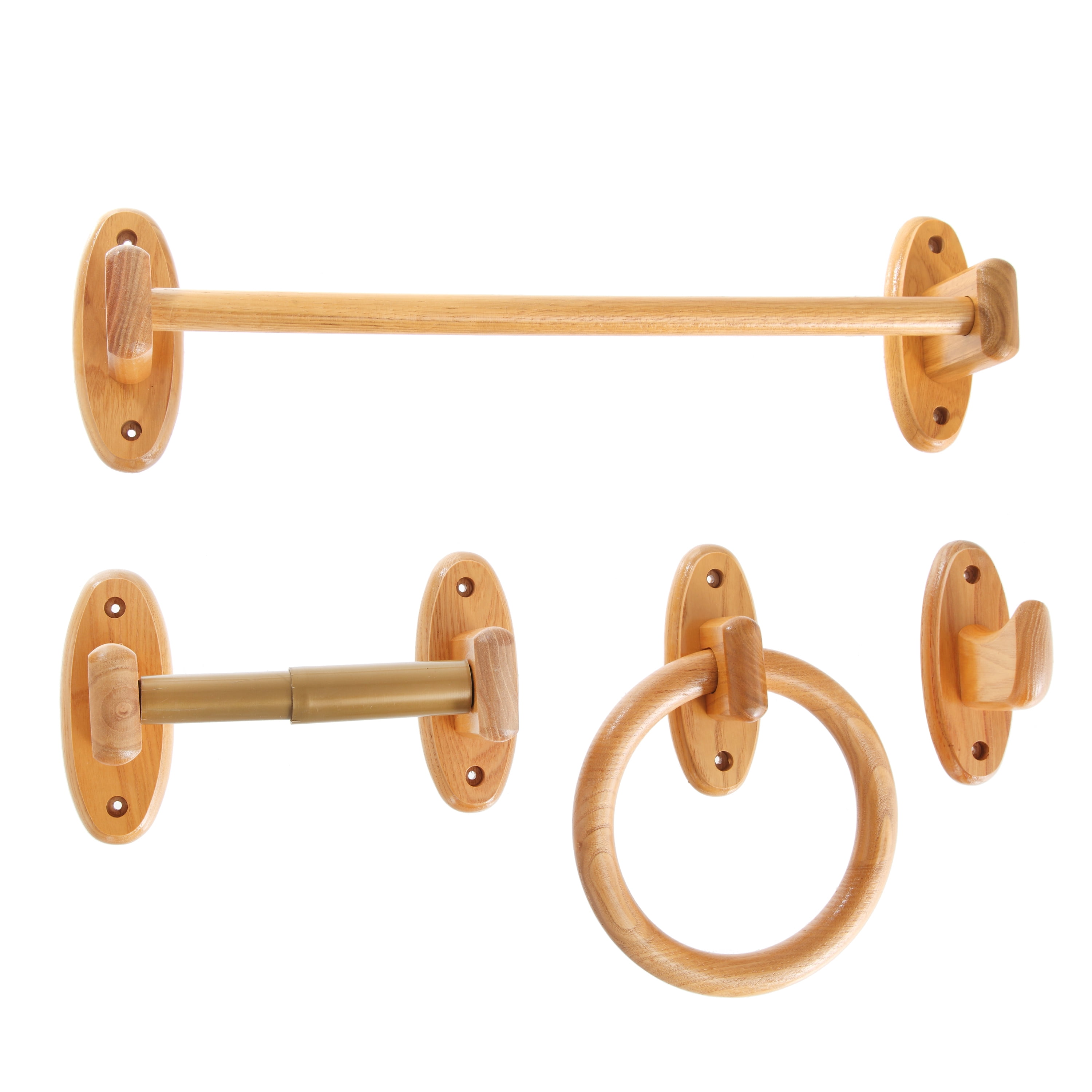 Bath Accessory Kit Set Oak Towel Ring Toilet Paper Holder Robe Hook Towel Bar