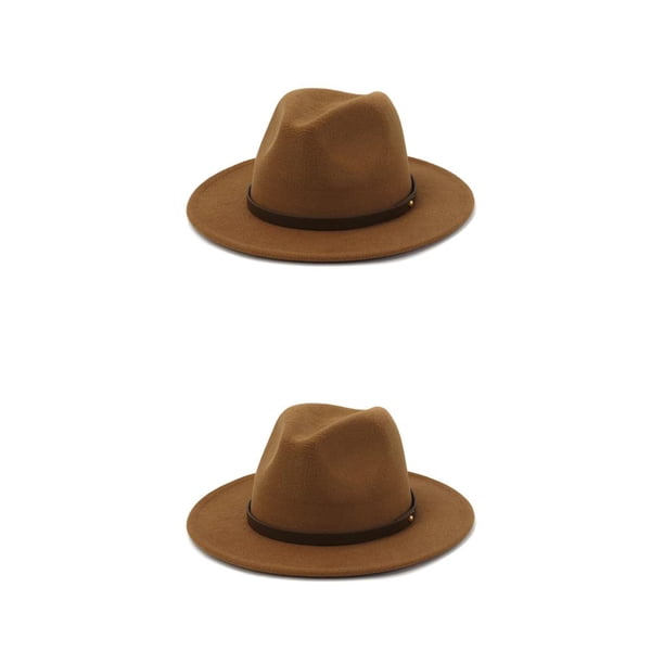 Sonducket Sombreros con hebilla de cinturón Otoño Invierno sólido ala ancha gorras de lana cálida mujeres hombres niños boda Iglesia fiesta Caqui 58cm 2piezas
