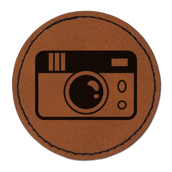 Vintage Disposable Camera 2.5" Faux Leather Round Engraved Iron-On Patch - Brown