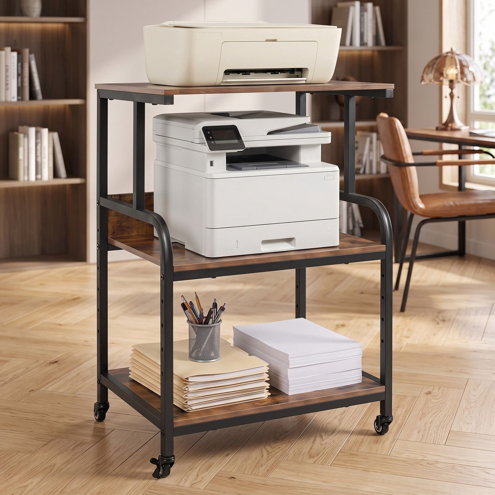 Furnibear 3-Tier Rolling Printer Stand, Mobile Printer Cart with 5-Level Adjustable Shelf and Lockable Wheels, Metal Frame Office Machine Cart for Home, Rustic Brown