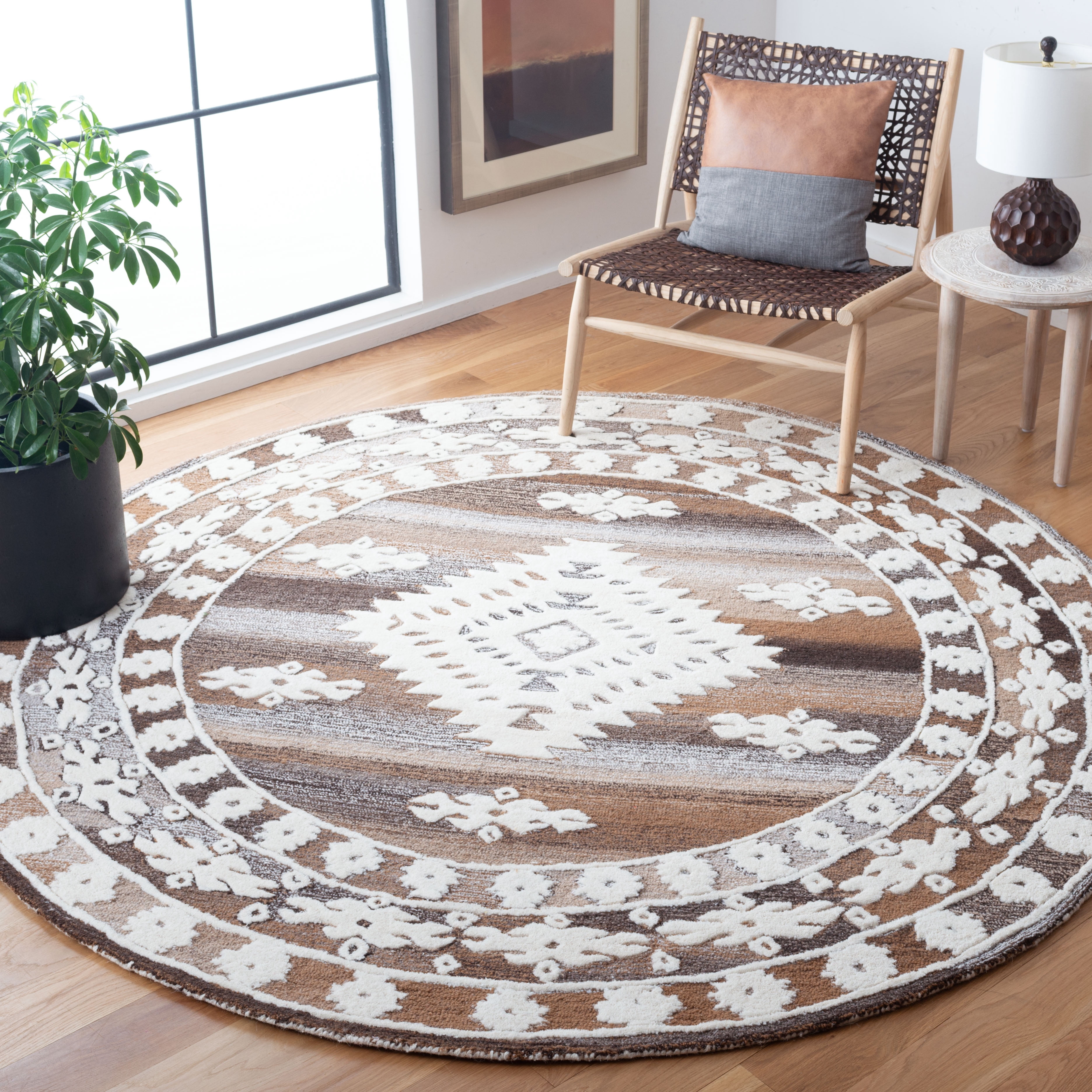 SAFAVIEH Aspen Kerry Geometric Area Rug, Ivory/Light Brown, 7' x 7' Round