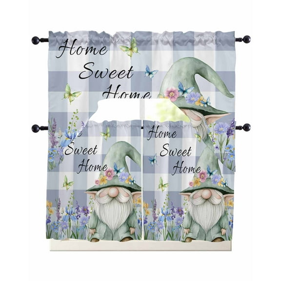 Spring Gnomes Kitchen Curtains Swag Valance and Tier Curtains Set 24 Inch Length, Botanical Flowers Purple Buffalo Plaid Rod Pocket Drape Panels Pair Swag Curtain for Bathroom/Cafe/Window