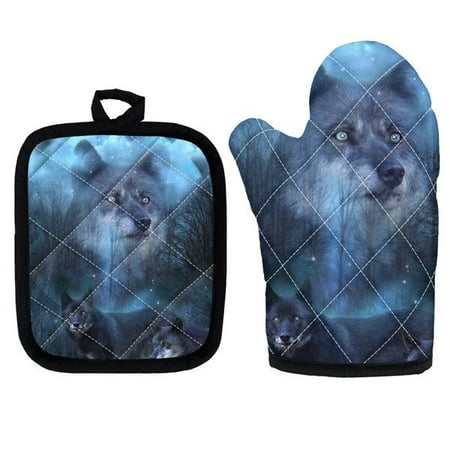 

Cool 3D Wolf Animal Print Potholders Set of 2 Microwave Oven Gloves Kitchen Insulated Pad Pot Holders for BBQ Baking Mitts Pads