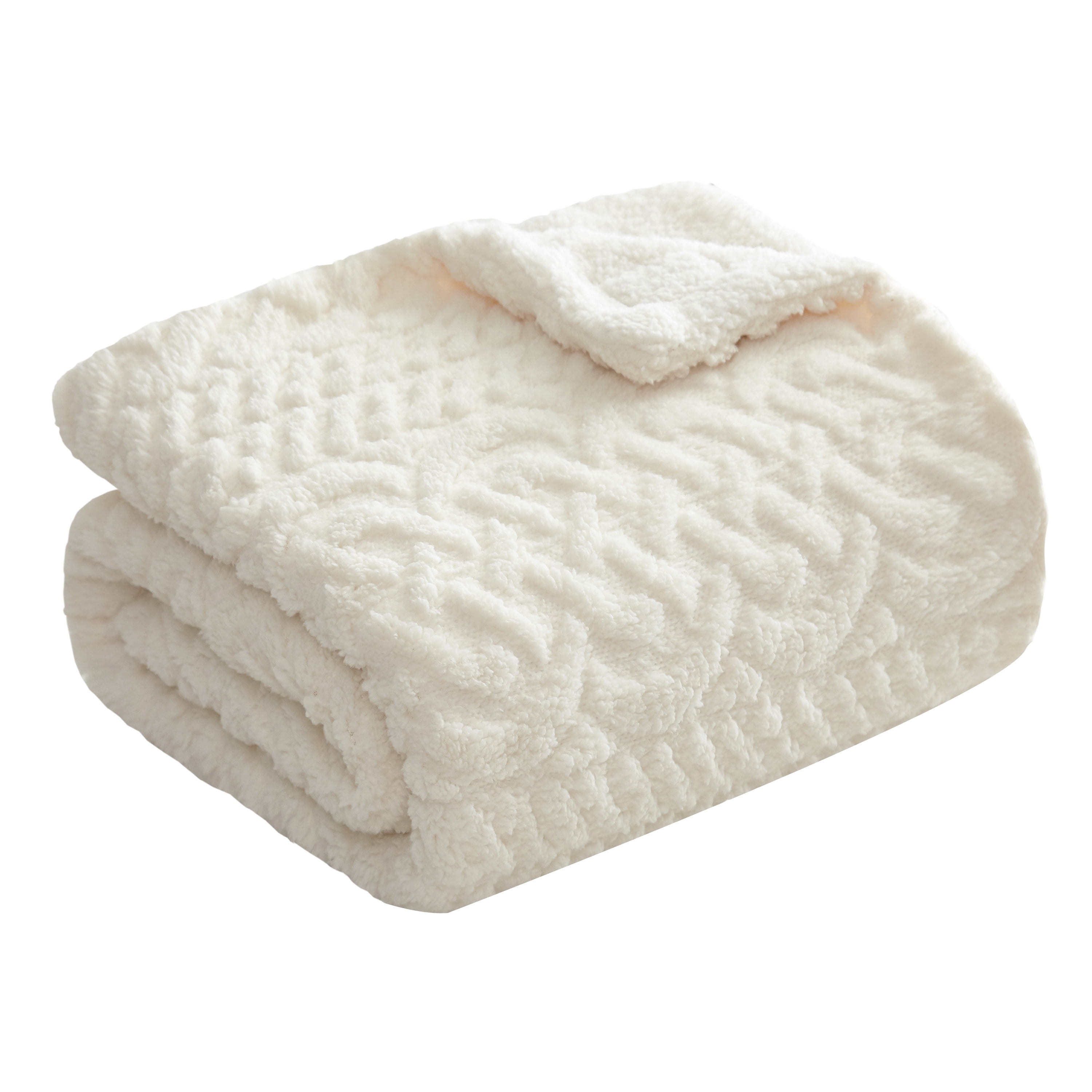 Dearfoams Ivory Embossed Sherpa with Solid Sherpa Reverse Throw, Polyester, 50 in x 60 in