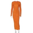 thumbnail image 5 of IROINNID Long Dress for Women Formal Wedding Guest Formal Dress Solid Color Round-Neck Long Sleeve Dress,Orange, 5 of 9