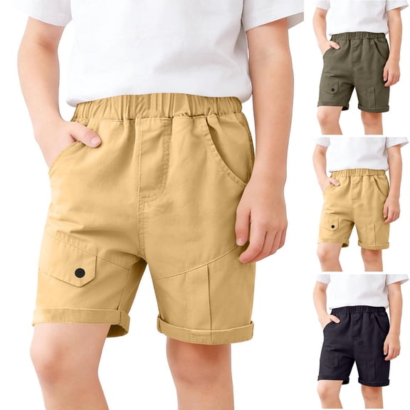 Boys Stretch Cotton Twill Cargo Shorts, Lightweight Pull On School Uniform Shorts with Full Elastic Waistband for Kids Years 2-8 Khaki