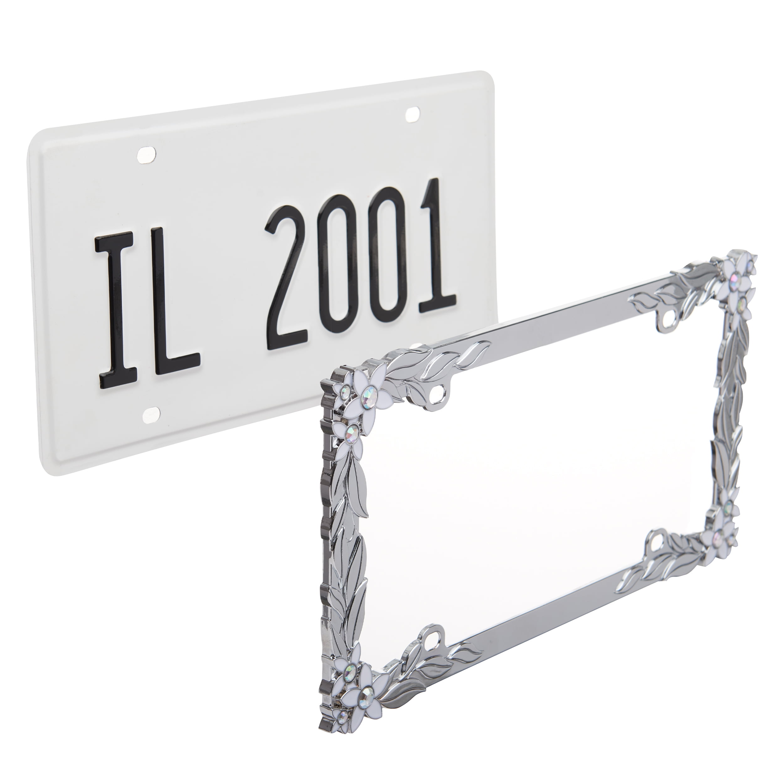 Auto Drive 3-D Daisy Bling Silver Metal License Plate Frame, 90142W