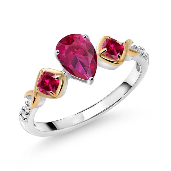 Gem Stone King 1.35 Ct Pear Shape Red Created Ruby 925 Silver and 10K Yellow Gold Ring (Size 9)