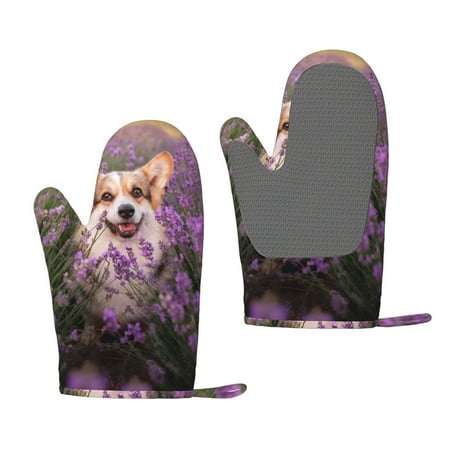 

Zeuib Dog in Lavender Flowers Print Oven Mitts Oven Gloves with Non-Slip Silicone Heat and Slip Resistant Cooking Mitt Set for Cooking and Baking (2 Count)
