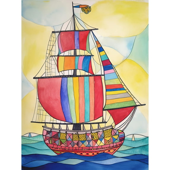 Rainbow Colour Sailing Ship Folk Art Unframed Wall Art Print Poster Home Decor Premium
