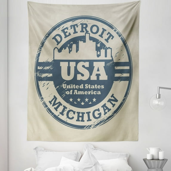 America Tapestry, Passport Stamp Inspired Grungy of Detroit Michigan State with Stars, Fabric Wall Hanging Decor for Bedroom Living Room Dorm, 5 Sizes, Blue Grey and Taupe, by Ambesonne