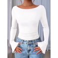 thumbnail image 4 of Women'S Long Sleeve Shirts Crop Going Out Tops Casual Boat Neck Bell Sleeve Ruched White S, 4 of 9