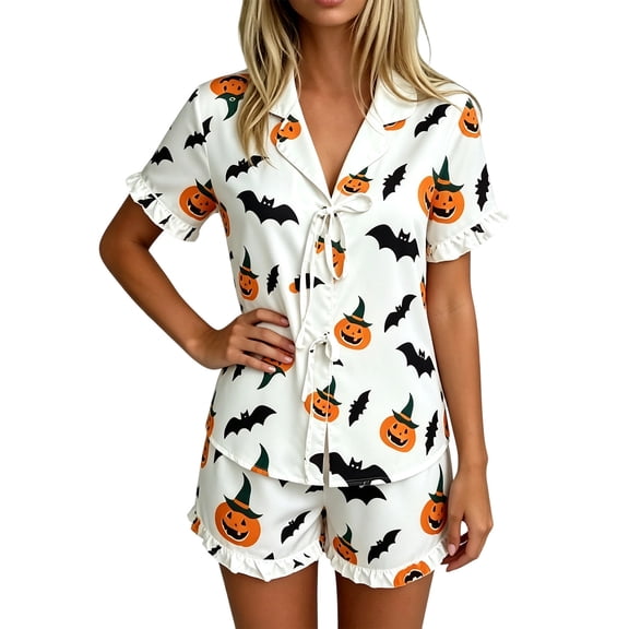 MEZZALL Women Halloween Pumpkin Print Pajama Lapel Collar Short Sleeve Tie Front Top And Shorts Sleepwear Soft Cozy Loungewear Two Piece Pajamas For Nighttime Relaxation Relaxed Fit Pjs