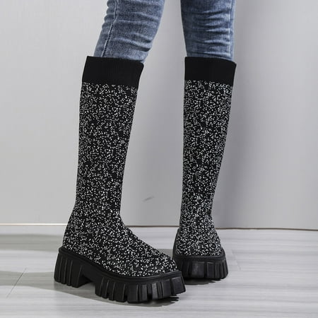 

Fashion Autumn And Winter Women Mid Calf Boots Thick Heel And Thick Soles Non Slip Elastic Cloth For Warmth And Comfort