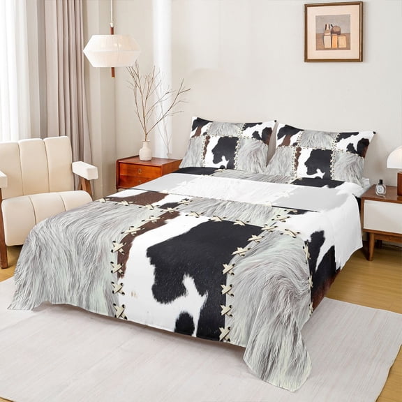 Homewish Abstract Cow Print Twin Sheet Sets 3pcs for Boys Girls,Geometric Plaid Patchwork Twin Fitted Sheet Microfiber,Farmhouse Animal Breathable Flat Sheet,Microfiber Bedroom Decor