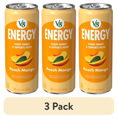 (3 pack) V8 Energy Still Peach Mango Energy Drink, 11.5 fl oz Can
