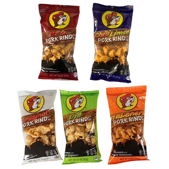 Buc-ee's Pork Rind Sampler | Pork Crackling Snacks | Pork Snack Box | 5-Pack, Original, Habanero, Dill Pickle, Chile Limon, BBQ | Bucees Snack Box