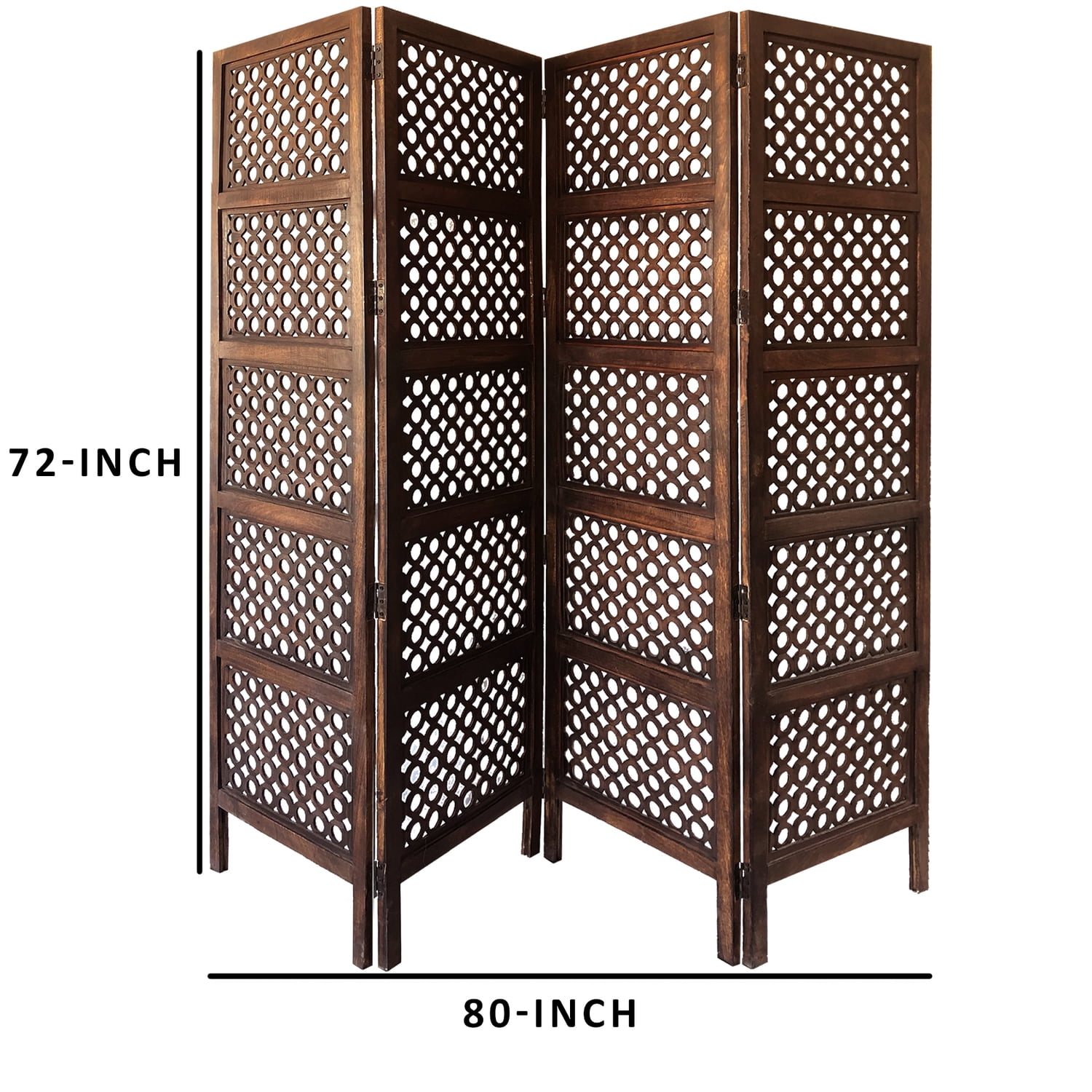 Mango Wood Room Divider - 4 Panel Hinged ScreenDecorative Space SeparatorBrown Finish80" Height