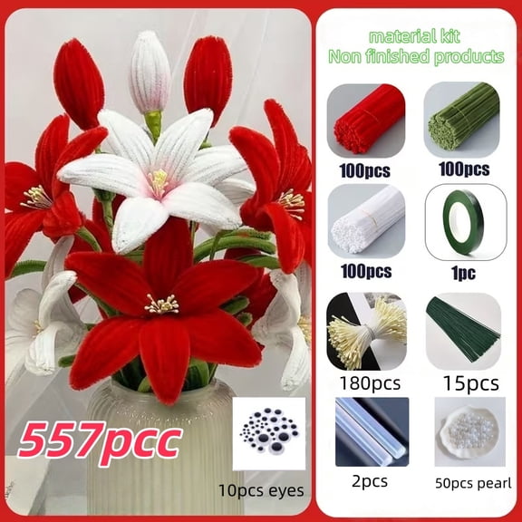557Pcs Lily Pipe Cleaner Flower Bouquet DIY Craft Kit – Chenille Stem Art Set for Mother's Day, Graduation Gift, Home Decor & Holiday Present