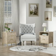Industrial Small Accent Side Table with Drawer, Open Shelf, Herringbone Pattern Wooden Storage Cabinet, Oak H0103