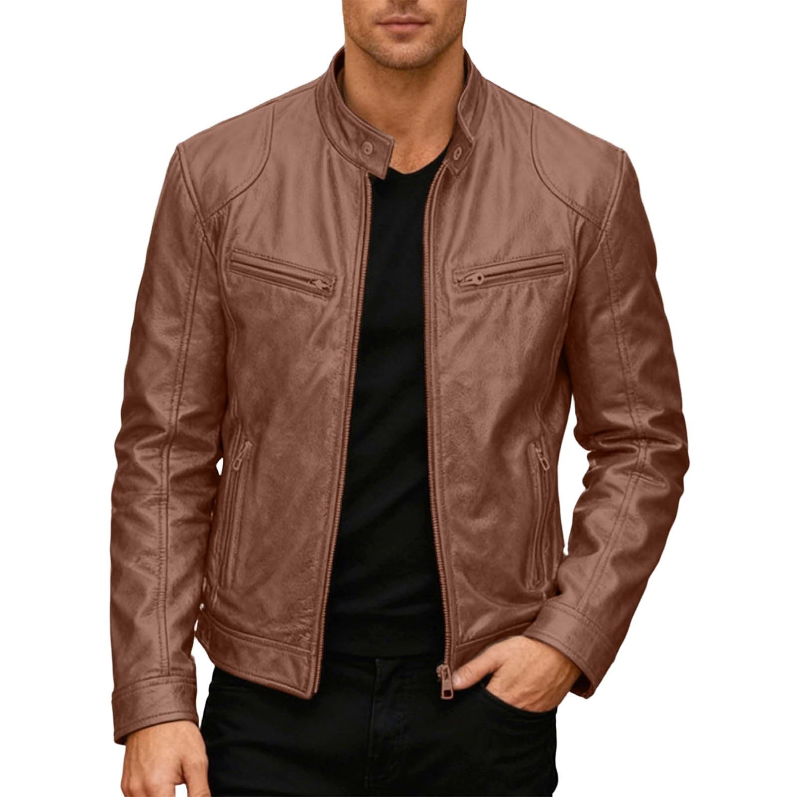Wuxian Men Punk Leather Jacket Stand Collar Full Zip Up Business Oversized Long Sleeve Casual Cozy Windproof Stylish Dailywear,Bronze,S