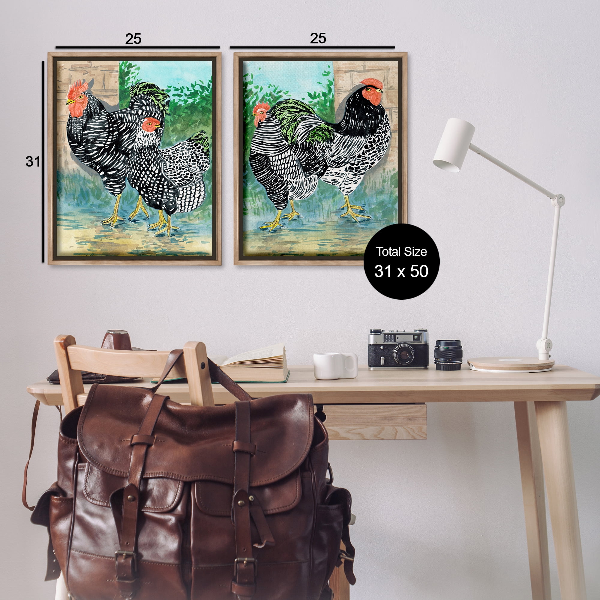 Stupell Industries Rooster and Hen Foraging Animals Painting Brown Floater Framed Canvas Art Print Wall Art, 31 x 25, Set of 2