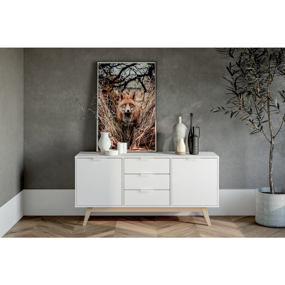 Polifurniture Shard 59 in. Sideboard with 2 Shelves & 3 Drawers, White & Oak