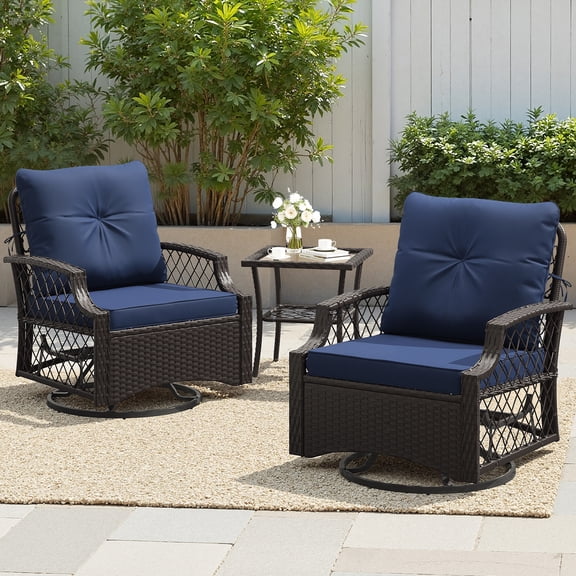 STARY Outdoor Swivel Rocker Chairs with Coffee Table, 3 Pieces Wicker Patio Furniture Set, Rattan Outdoor Bistro Set for Backyard, Blue
