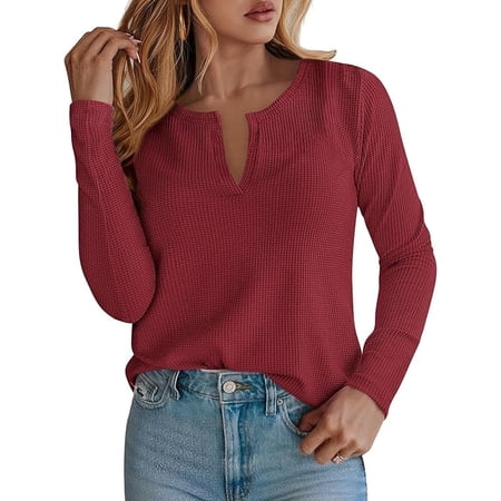 PRETTYGARDEN Long Sleeve Shirts for Women Fall V Neck Waffle Basic Tee Dressy Casual Winter Blouses Knit Tunic Tops