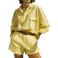 thumbnail image 2 of Womens Solid Color 2 Piece Outfits Long Sleeve Lapel Button Loose Fit Top Mini Shorts Summer Set Light Yellow L, 2 of 5