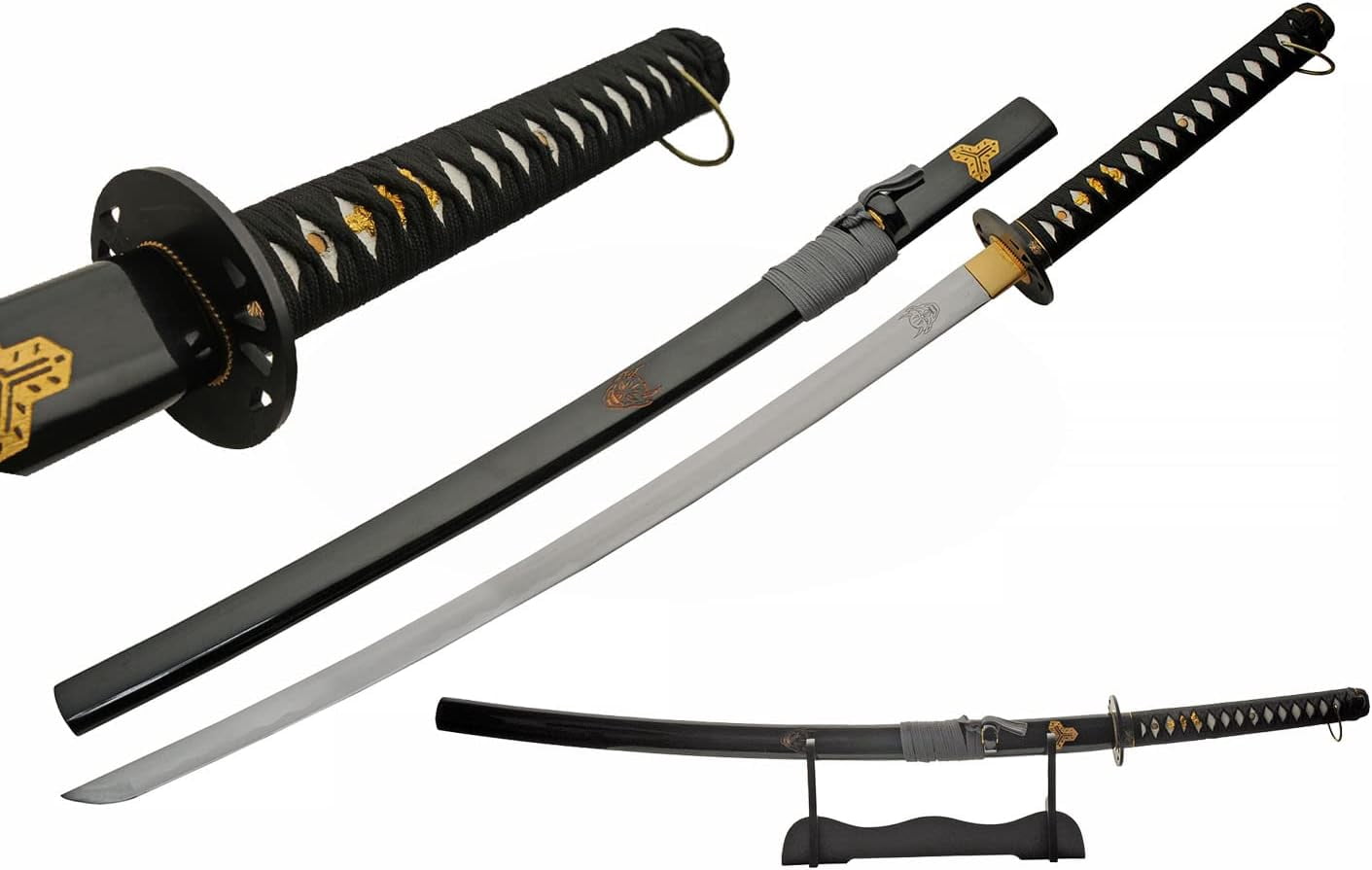 SZCO 40" Black Carbon Steel Oni Katana with Wooden Display Stand
