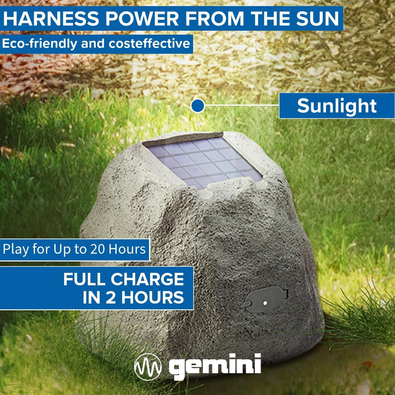 Gemini GHRK-500LTMS Solar Bluetooth TWS 30-Watt-Peak Outdoor Rock Speaker with LED Lighting (2 Pack), GHRK-500LTMS-PR