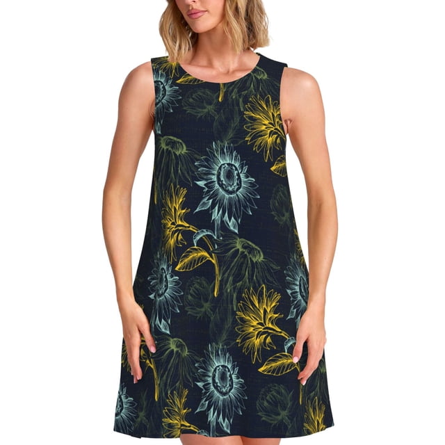 Vsdgher Robes d'Été Imprimé Tournesols pour Femmes Robe de Plage Décontractée Col en U Sans Manches Robe d'Été Ample avec Poche
