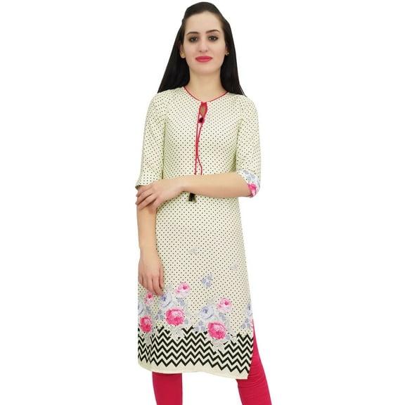 Bimba Women's Cream Moss Georgette Kurti Summer Wear Printed Tunic Kurta-4