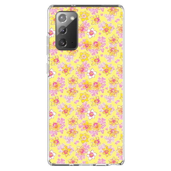DistinctInk Clear Shockproof Hybrid Case for Samsung Galaxy Note 20 (6.7" Screen) - TPU Bumper, Acrylic Back, Tempered Glass Screen Protector - Preppy Pattern - Pink Yellow White Flowers Floral