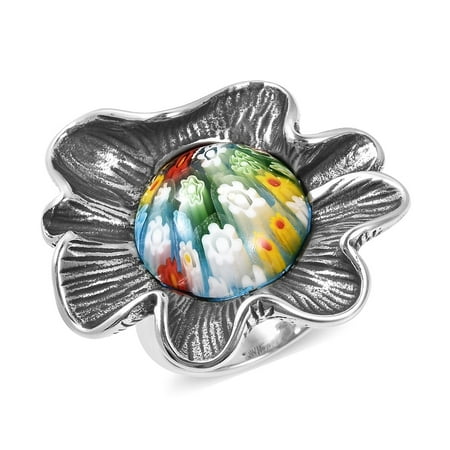 Multi Color Murano Glass Ring - Statement Ring Steel Round Multi Color Murano Millefiori Glass Size 6