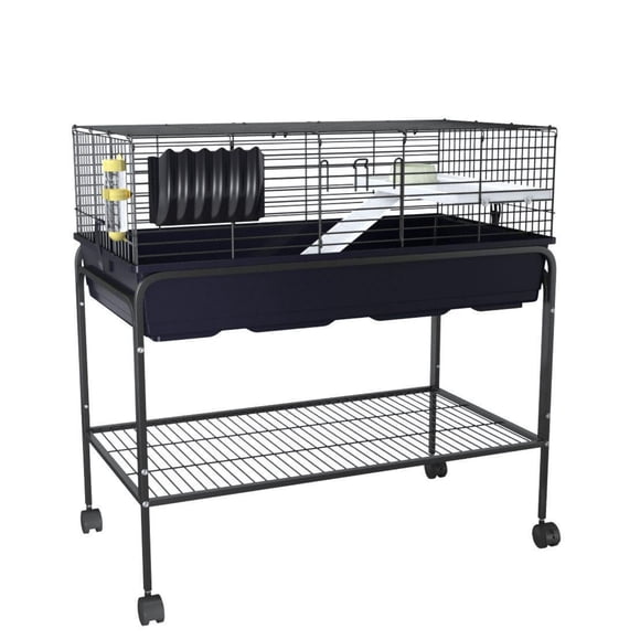 Cage pour Petits Animaux – Habitat en Métal à Plusieurs Niveaux 99x53x93,5 cm avec Support Roulant (Noir, Comprend une Assiette à Nourriture et une Bouteille d'Eau)