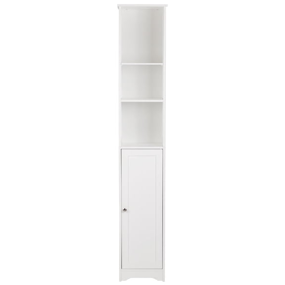 White Freestanding Bathroom Storage Cabinet, One Door & 3 Open Shelves, Tall Slim MDF Bathroom Tower Cabinet N201