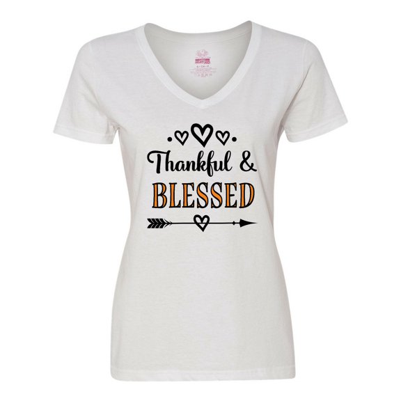 Inktastic Thanksgiving Greeting Thankful Blessed Women's V-Neck T-Shirt