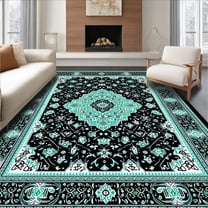 Flatwoven High Traffic Area Rug, Elegant Teal and Black Medallion, Non Slip, Stain Resistant, Washable Area Rugs for Living Room, Bedroom(Black, 4X6)