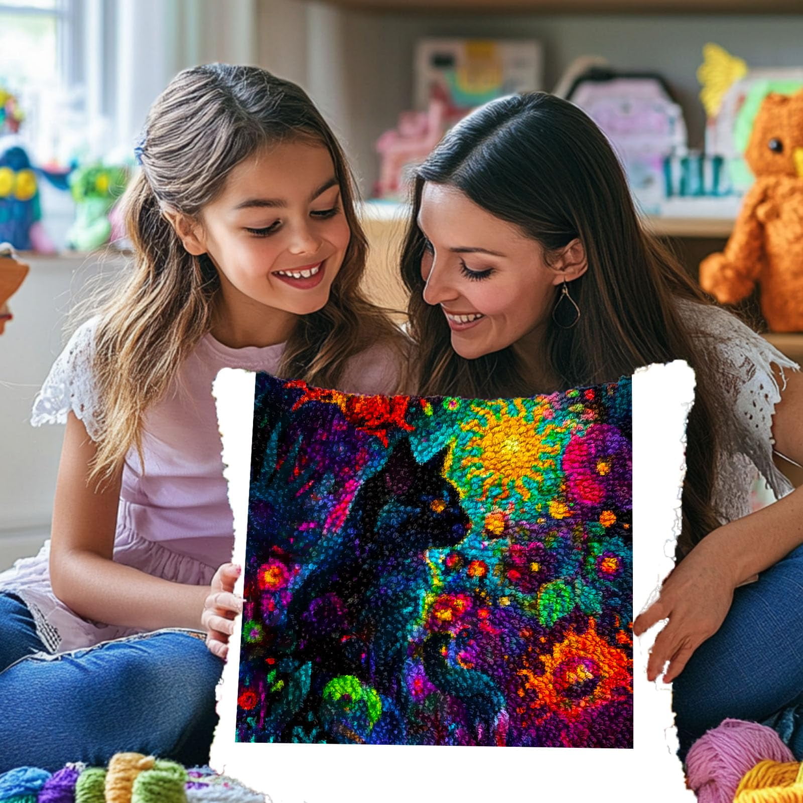 A Black Cat in Abstract Flowers DIY Latch Hook Pillow Kits for Adults Printed Pillowcase Crochet Yarns Hooking Handmade Pillow Cover Cushion for Home Sofa Decoration 17x17inch