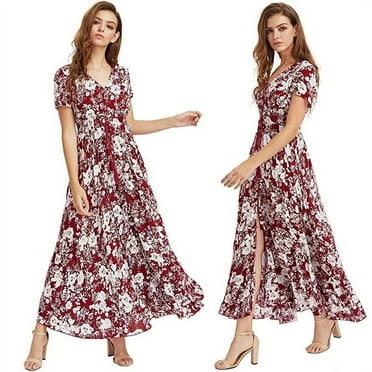 Womens Boho Floral Belted Short Sleeve Maxi Dress Sunmmer Holiday Loose ...
