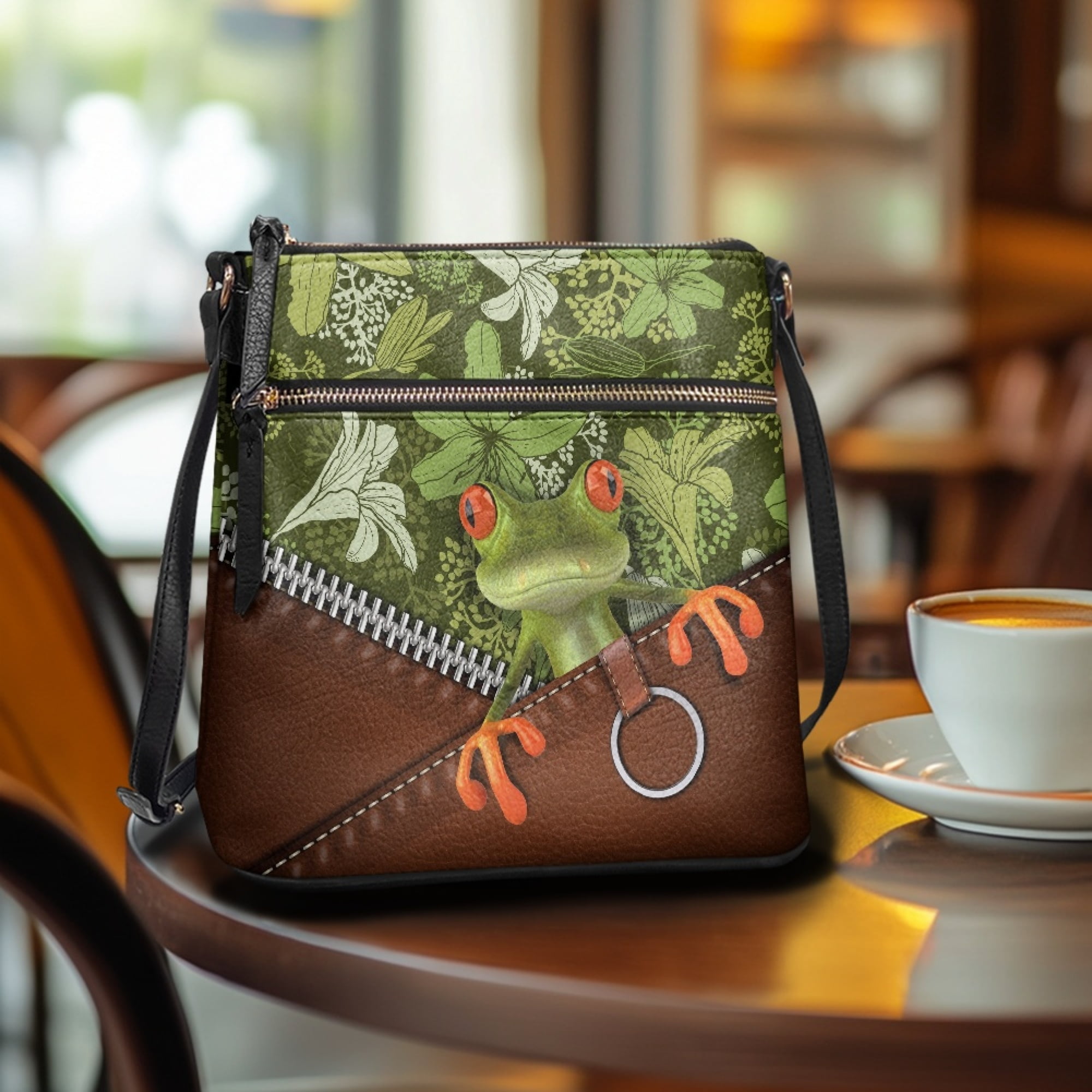 Kuiaobaty Frog Flower Print Leather Crossbody Bag for Women, Lightweight Zipped Pockets Hobo Handbag with Adjustable Strap, Roomy Durable Messenger Purse Crossbody for Travel
