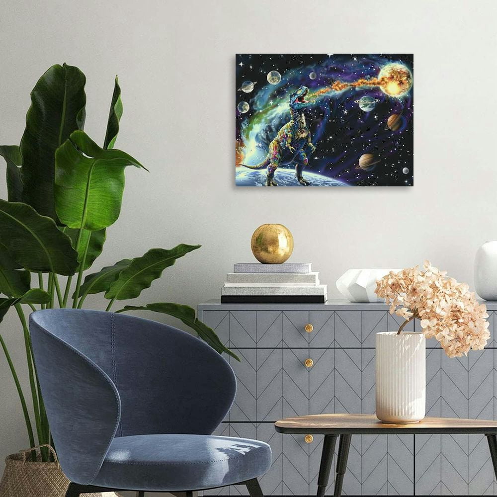 JRXY Dinosaur Decor Wall Art for Boy's Room Dinosaur Pictures Universe Space Decor Canvas Painting  Artwork for Living Room Bedroom  16x12inch
