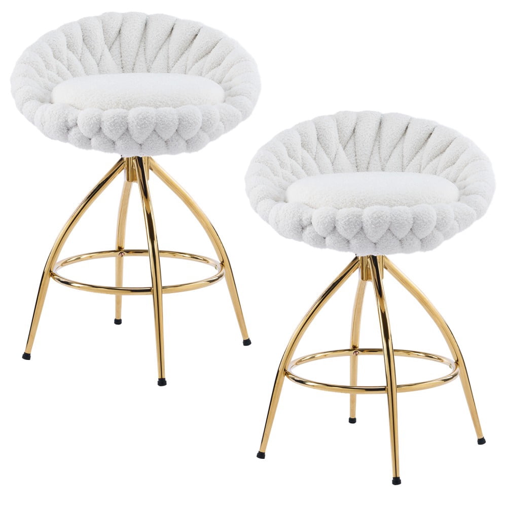 IVV Teddy Velvet Swivel Bar Stools Set of 2 - White Weaving Style Upholstered Counter Height Chairs with Gold-Plated Iron Legs, for Kitchen or Home Bar