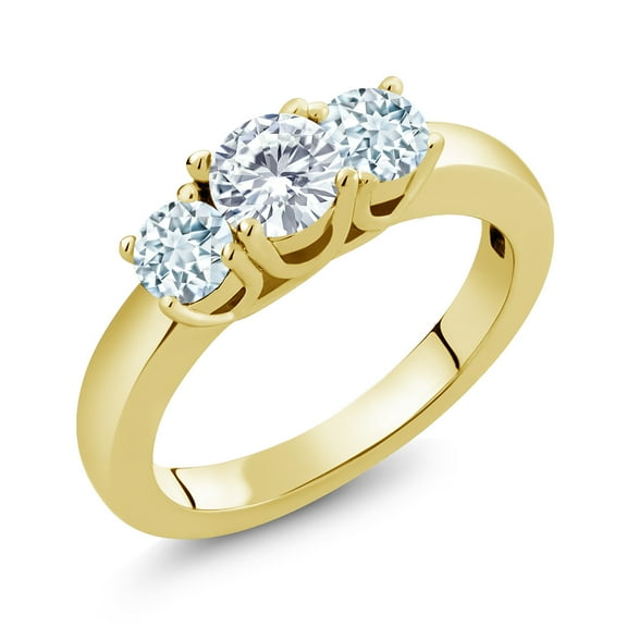 Gem Stone King 1.00 Ct Lab Grown Diamond and Sky Blue Aquamarine 3-Stone Ring for Women | 18K Yellow Gold Plated Silver | Round 5MM and 4MM (Size 7)