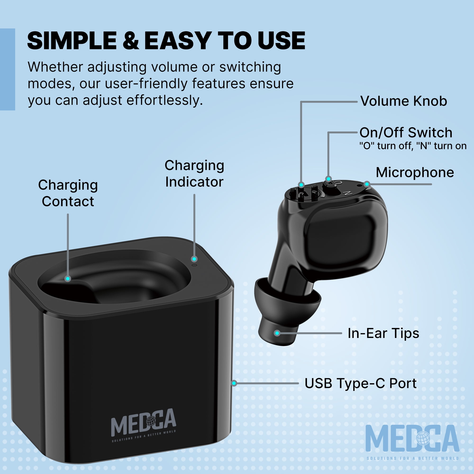 MEDca Digital Hearing Aid Rechargeable - HD Sound Hearing Amplifier for Adults and Seniors w/Charging Base, Intelligent Noise Reduction - Single Hear Assist Unit for Either Right or Left Ear, Black