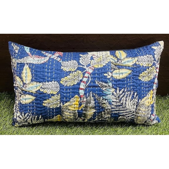 Handmade Vintage Handblock Animal Jungle Monkey Print Patchwork Kantha Quilt Sofa Throw Vintage Home Decorative Lumbar Boho Throw Pillow Cover