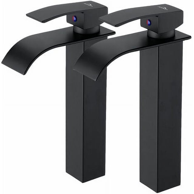 FlkwoH Grifo de lavabo en cascada de 2 piezas, grifo de baño monomando moderno con caño alto negro para grifos de fregadero de encimera, adecuado para fregadero sobre encimera