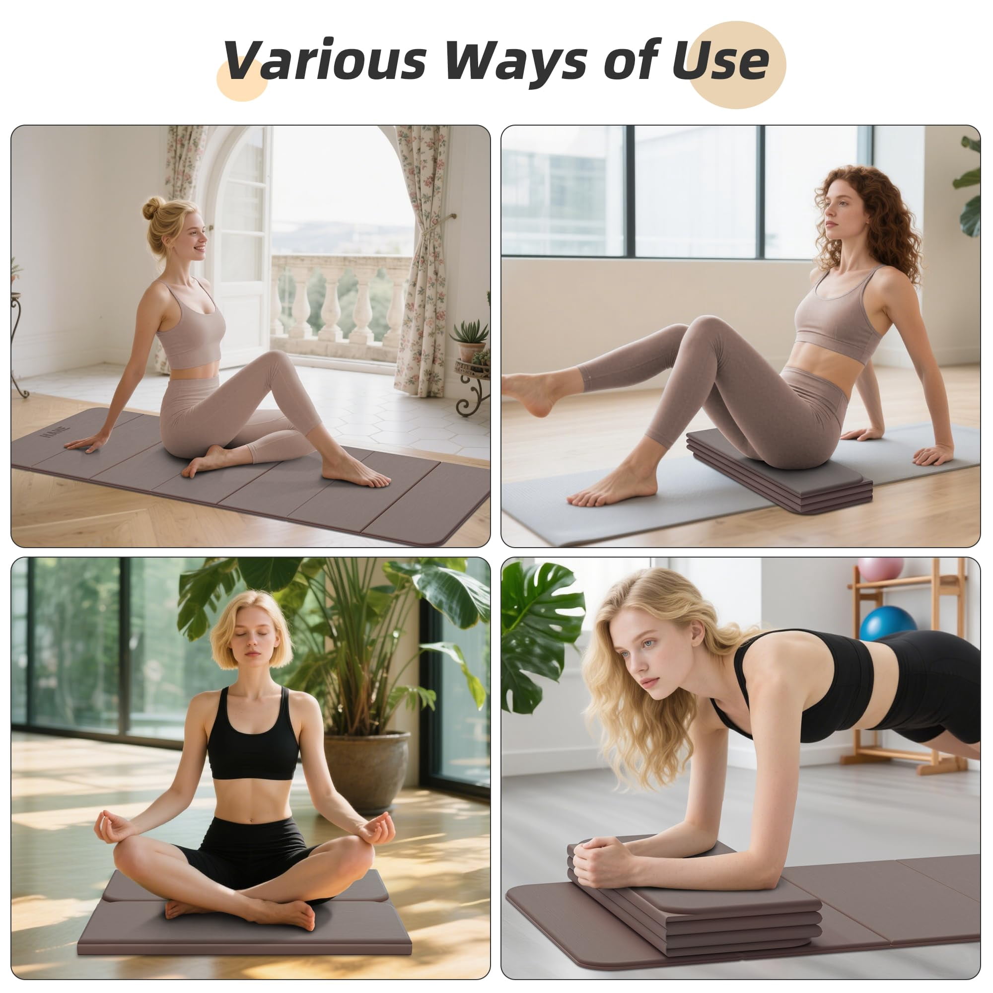 Brown Foldable Yoga Mat 74"L x32"W x 1/3" Thick for Home Workout and Travel